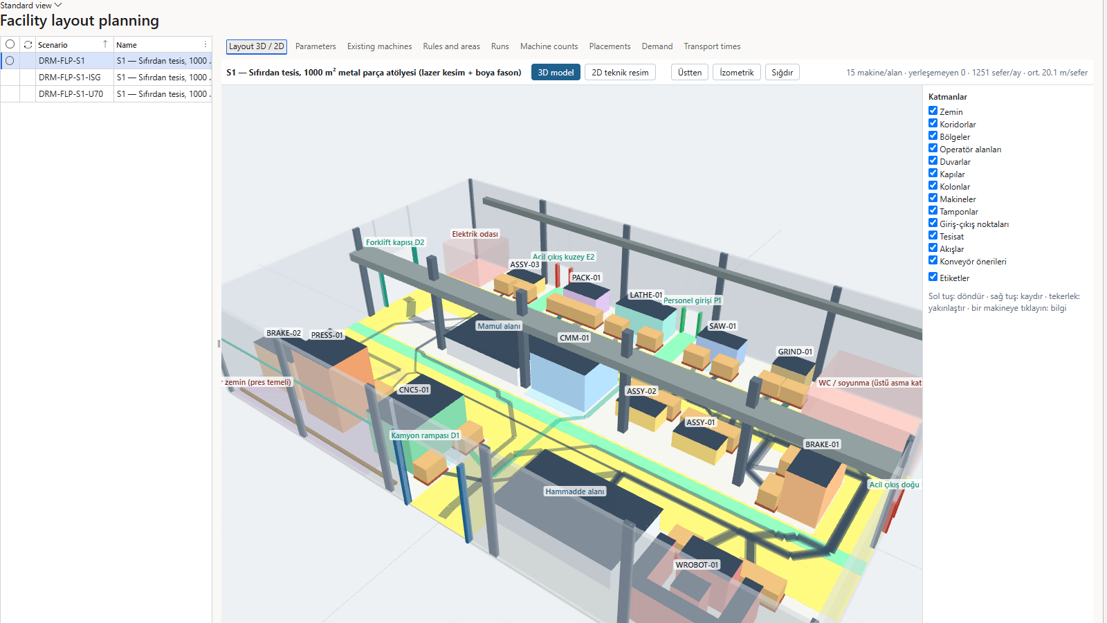 D365 içinde 3D tesis yerleşim ekranı
